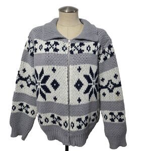 Grey Bandit Snowflake Fair Isle Zip Front Sweater  Chunky Knit Cardigan M